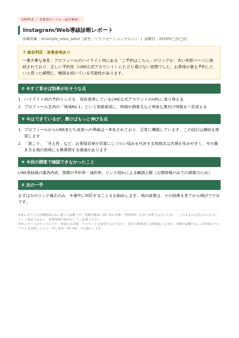 インスタ・Webの予約導線をチェックします お客様が問い合わせ・予約までに迷う所を公開情報から確認します イメージ2