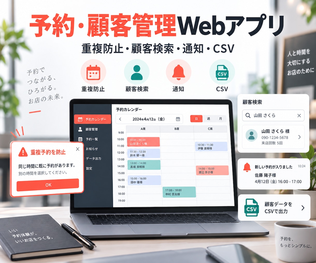 店舗向け予約・顧客管理アプリを作ります 予約枠・重複防止・顧客検索を一画面にまとめる イメージ1