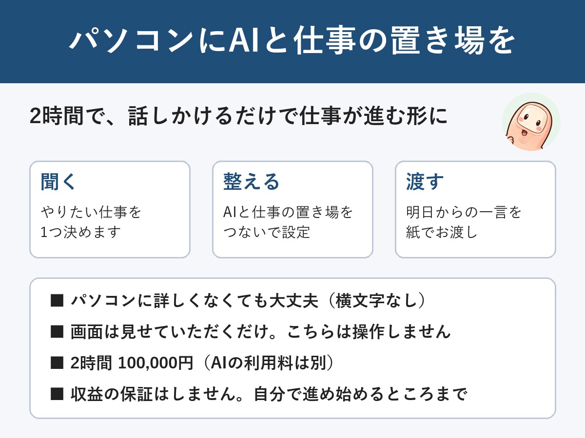 パソコンにAIと仕事の置き場を整えてお渡しします 2時間で、話しかけるだけで仕事が進む形に イメージ1