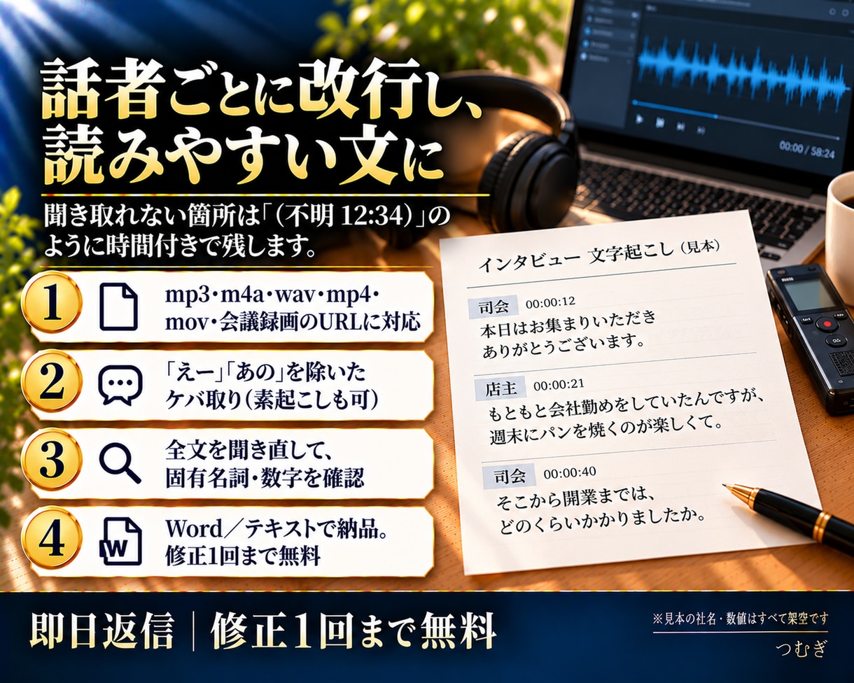 即日対応！60分1,500円で文字起こしします 即日返信。話者分け・ケバ取り済み。Wordで納品 イメージ2