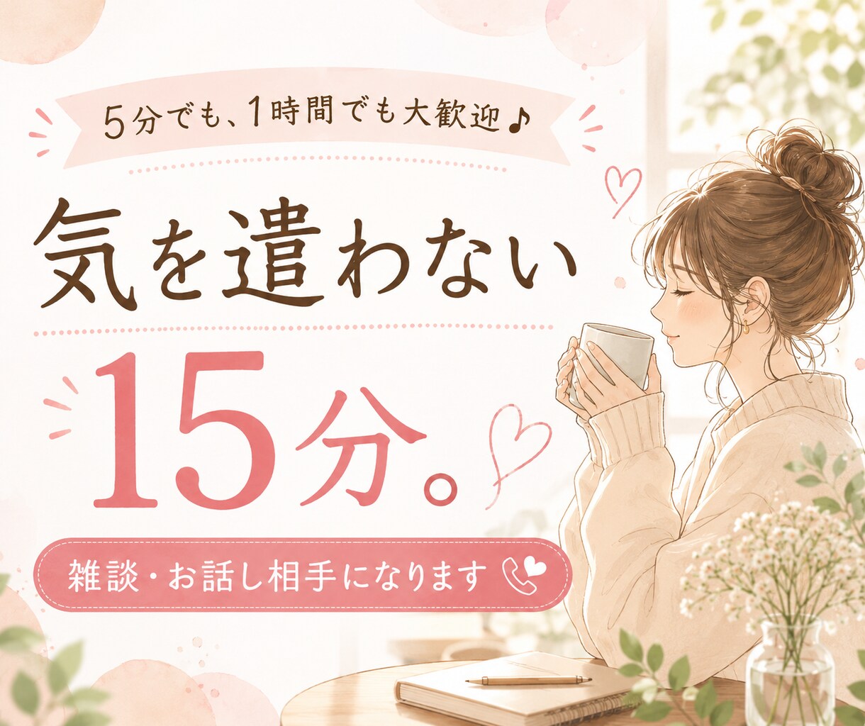 気を遣わない15分。雑談・お話し相手になります 頑張る毎日に、気を遣わない15分。話すことがなくても大丈夫。 イメージ1