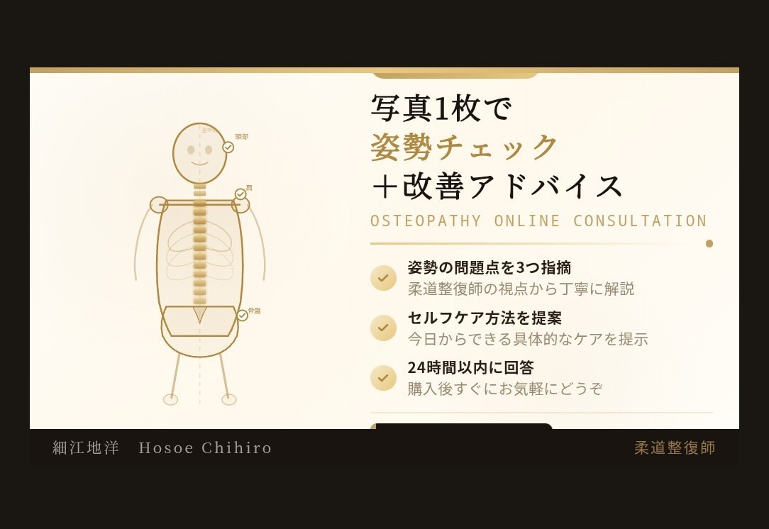 国家資格持ち整体師による姿勢アドバイスします 美姿勢、健康への一歩目に是非ご利用ください！ イメージ1