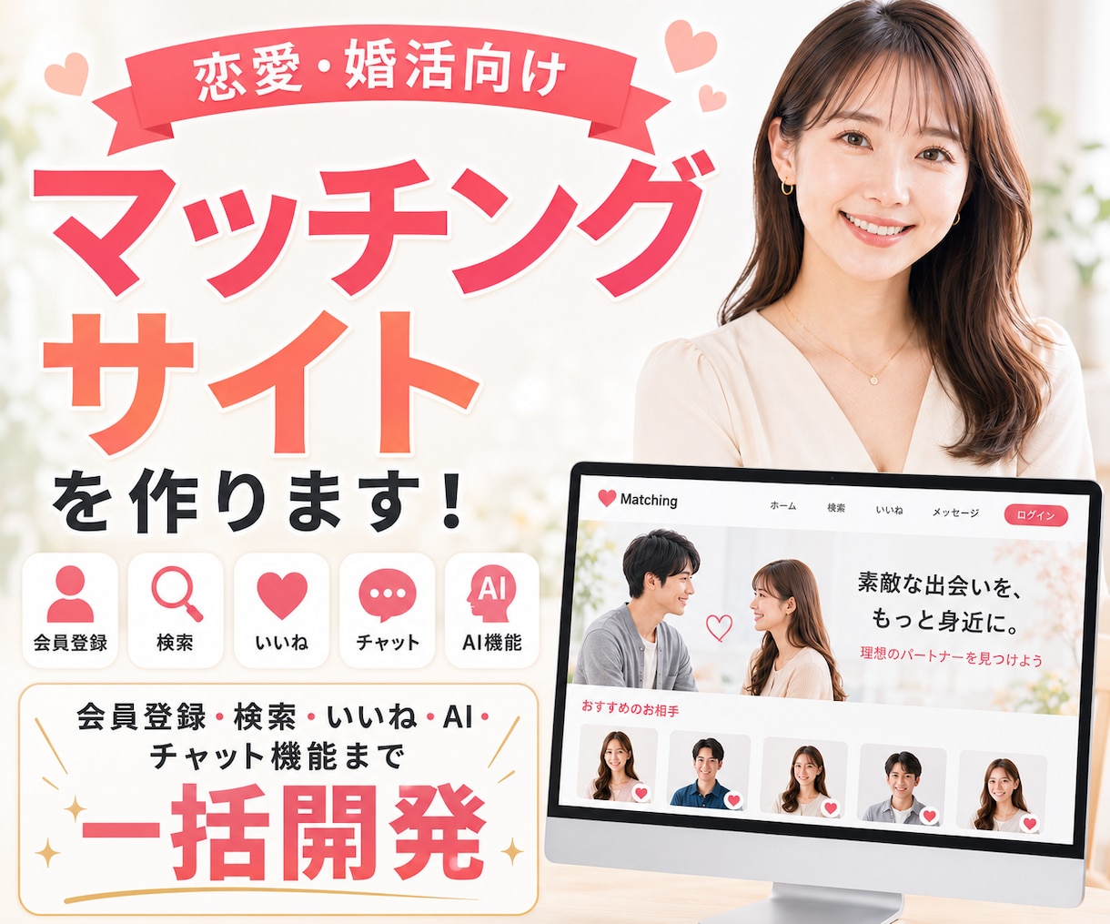 恋愛・婚活のマッチングサイトを開発します 会員登録・検索・いいね・チャット・AI・収益化まで一括開発 イメージ1