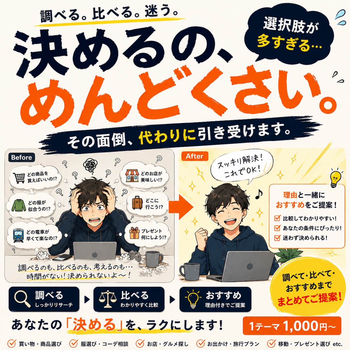 あなたの代わりに調べて比べて決めます 「決めるのめんどくさい！」をまるっとお任せ イメージ1