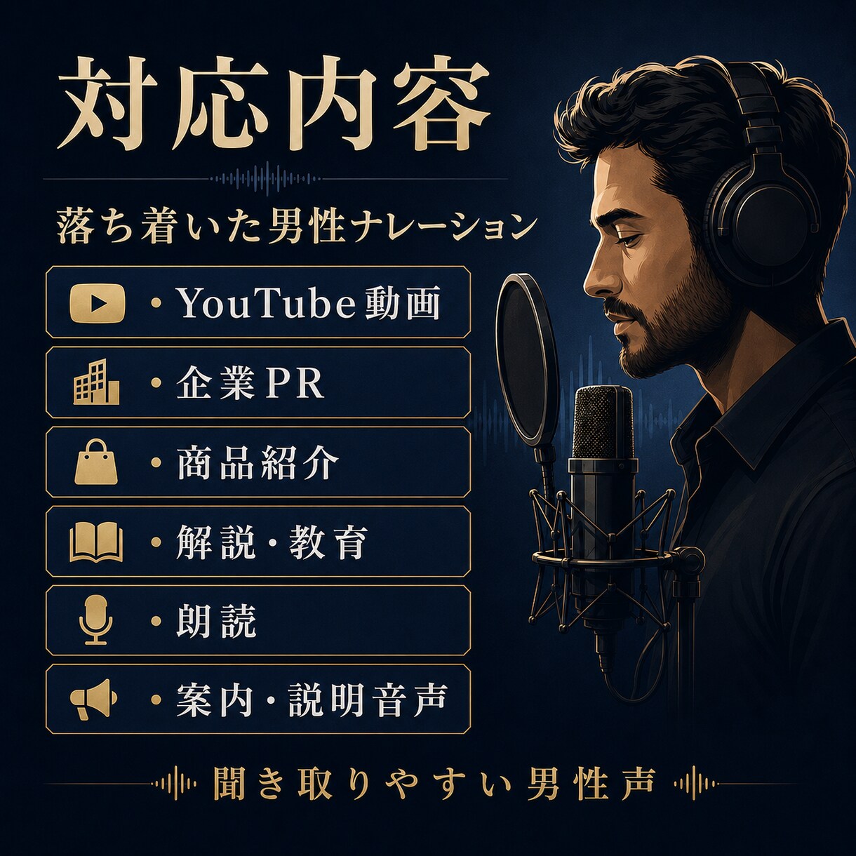 落ち着いた男性ナレーションを収録します 3年間の放送経験を活かし、聞き取りやすい声を丁寧に届けます イメージ2