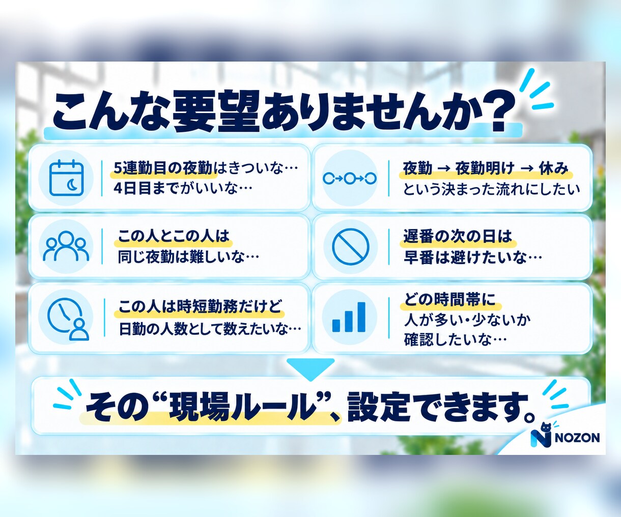 勤務表の作成をサポートします 「うちはルールが多いから無理だよ」 そんな現場に使って欲しい イメージ2