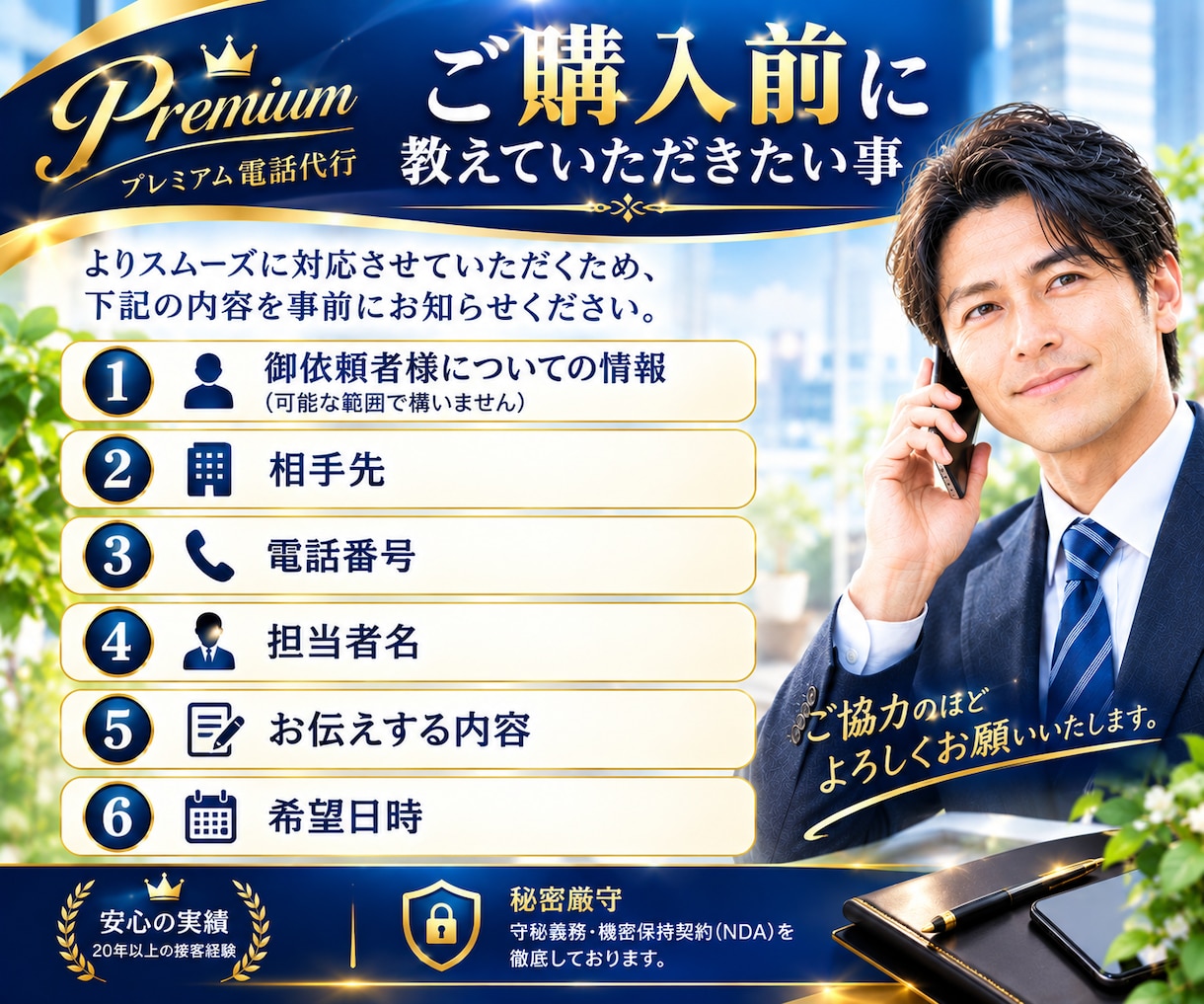 経験豊かなミドル男性が言いにくい電話代行を致します 言えない電話を、任せられる電話へ！様々なご連絡に対応致します イメージ2