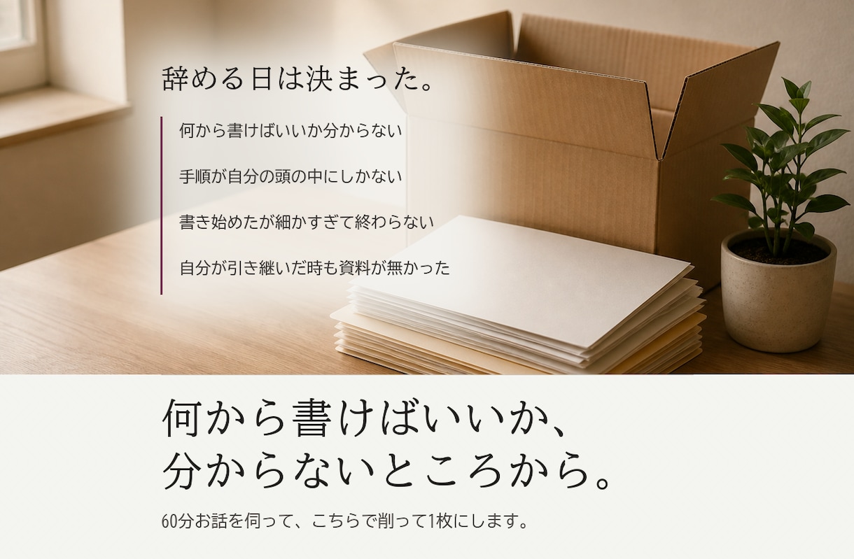 引き継ぎ書｜担当業務をA4 1枚にまとめます 退職・異動が決まった方へ。分厚い資料は作りません イメージ2