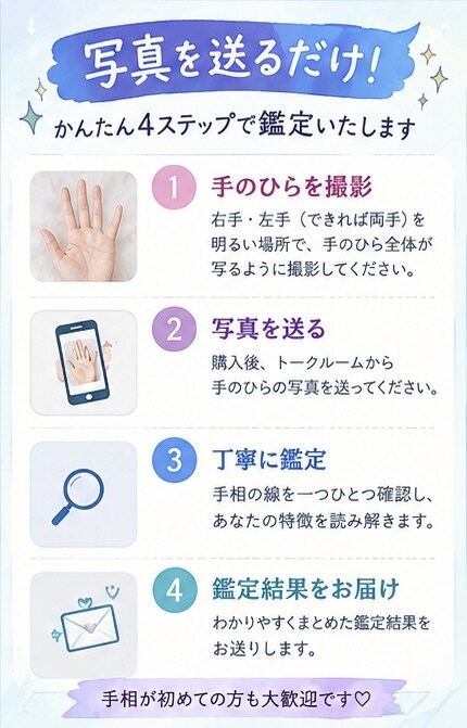 初めての手相占い♡性格・才能をやさしく鑑定します あなたの手相から、“自分でも気づいていない強み”を見つけます イメージ3