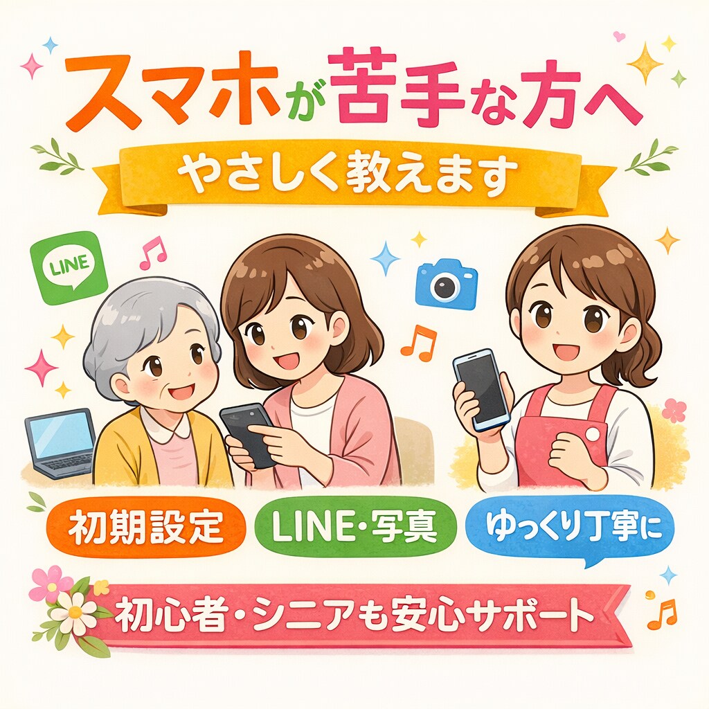 スマホが苦手な方へ、優しく教えます 初心者・シニア歓迎。初期設定やLINEも対応！！ イメージ1