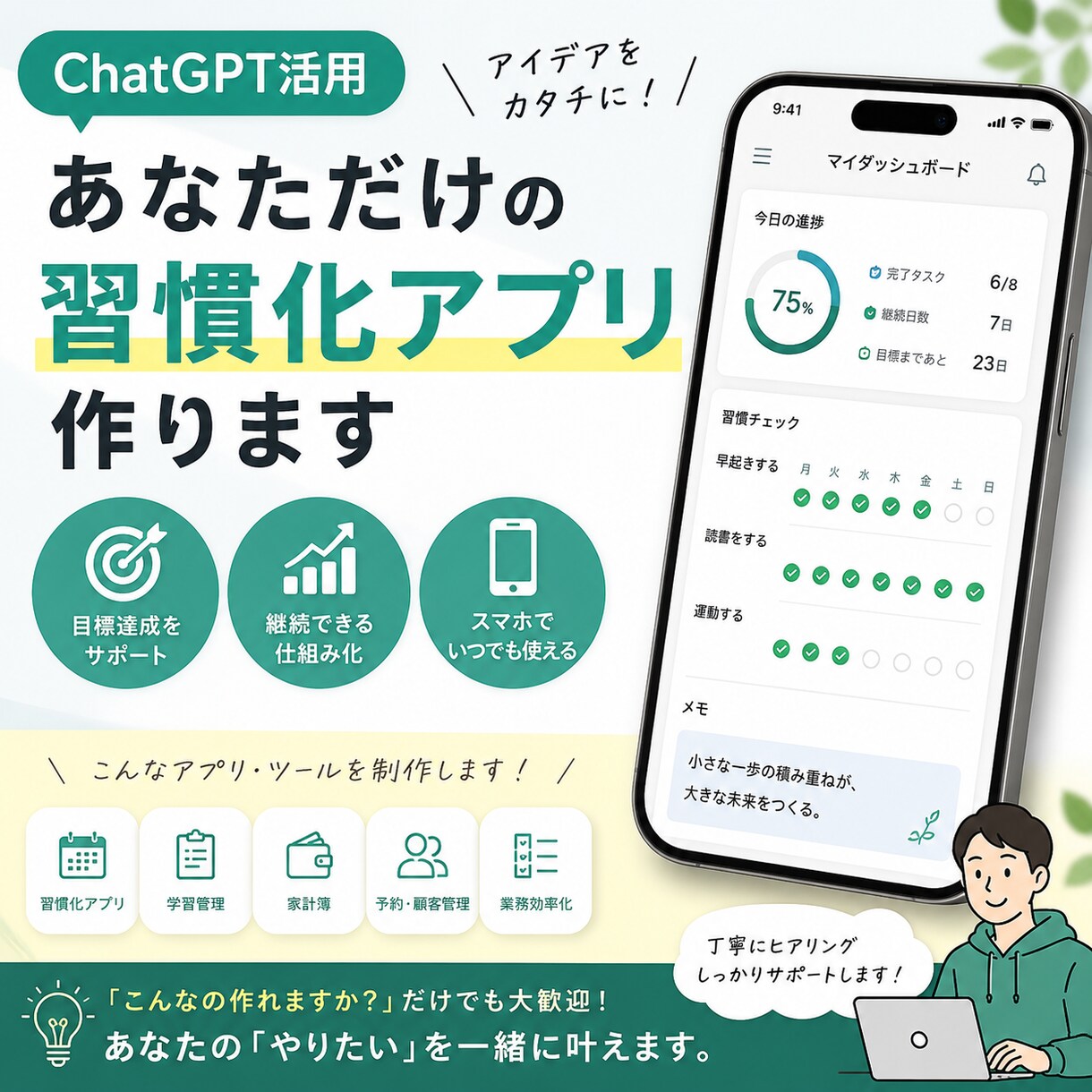 あなたの「こんなの欲しい」をミニアプリにします 習慣化・管理・効率化ツールを手軽に制作 イメージ1