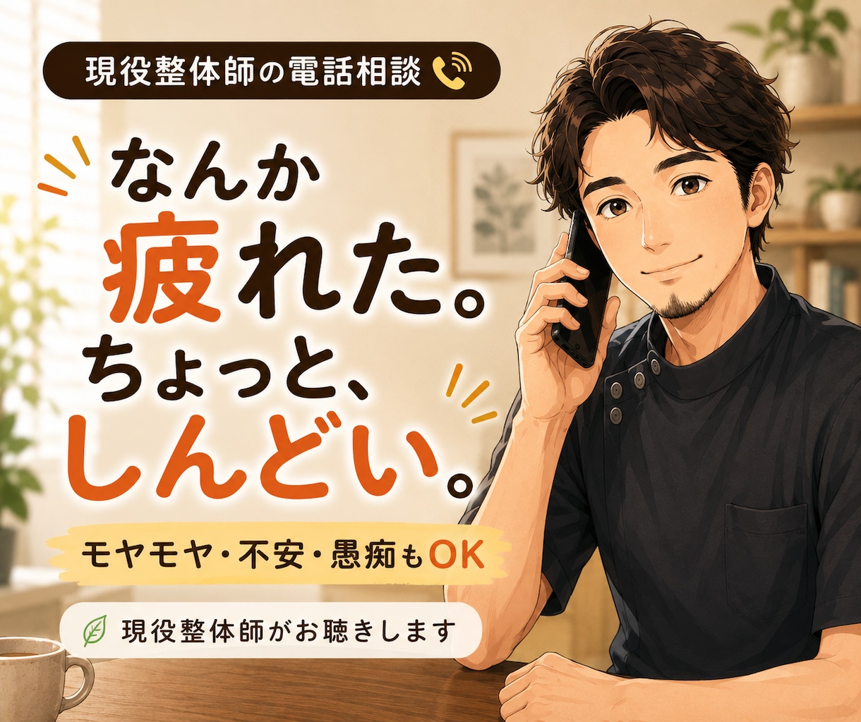 疲れた・しんどい気持ちに現役整体師が寄り添います モヤモヤ・不安・愚痴もOK｜心と身体のお話をゆっくり聴きます イメージ1