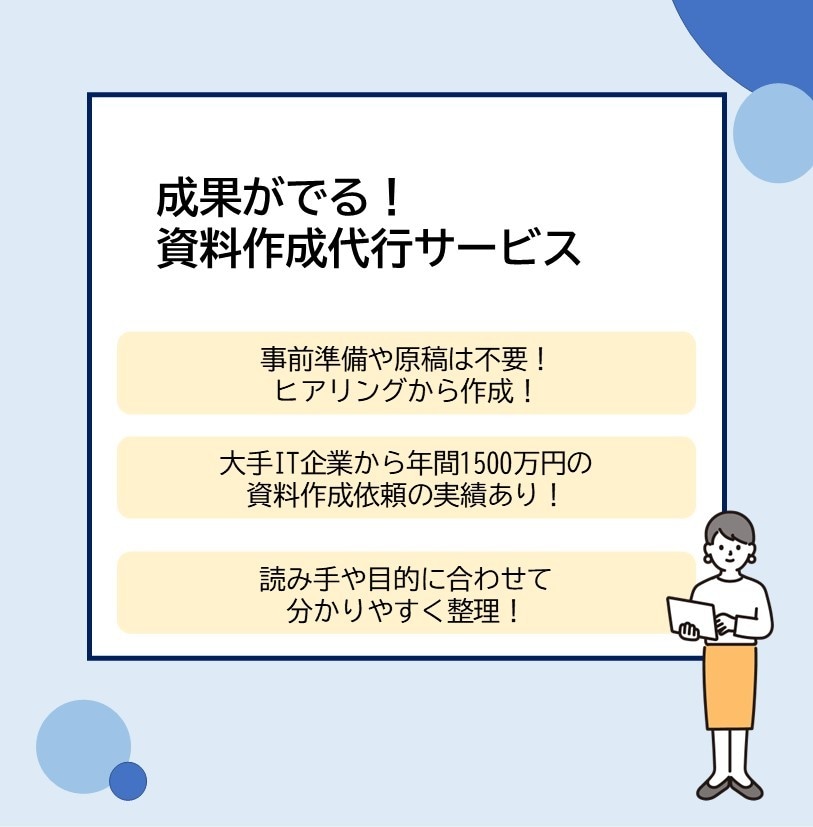 原稿なしでもヒアリングからパワポ資料を作成します 読み手や目的を整理して、成果のでる資料作成を提供します イメージ1