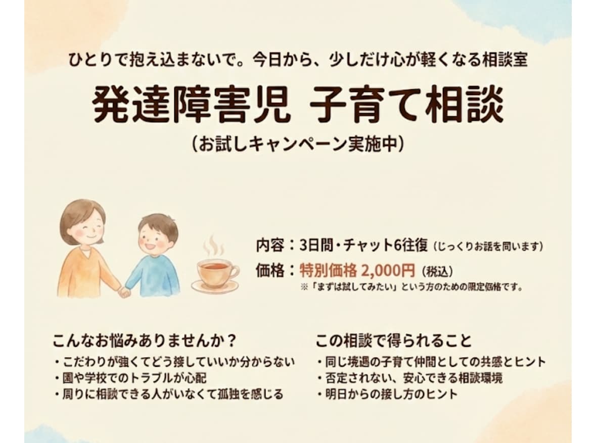 発達障害児の子育ての悩みを伺います 幼稚園や小学校の対応、悩みの相談に イメージ1