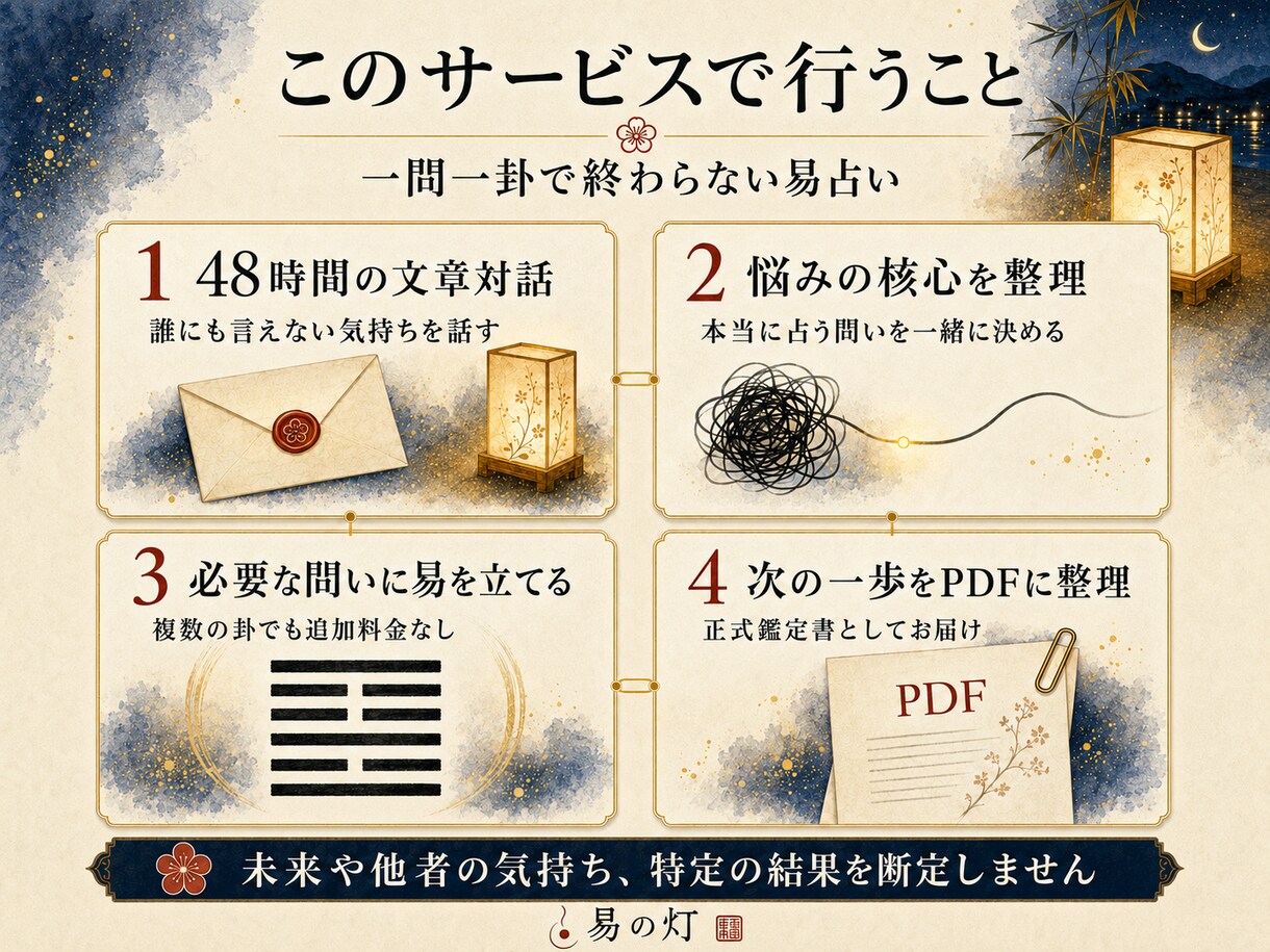 誰にも言えない悩みを易と対話で受け止めます 48時間の文章対話で、納得できる一区切りを探します イメージ3