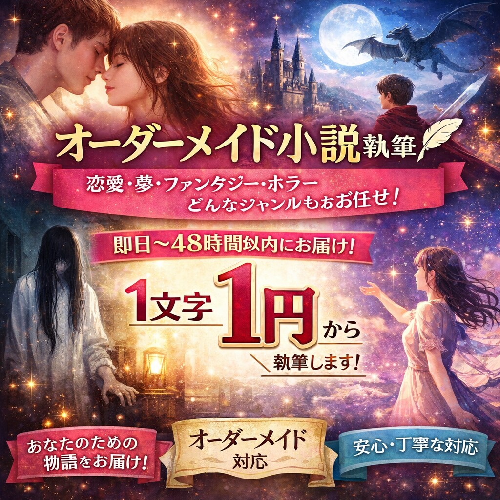 ジャンル不問！オーダーメイド小説書きます 恋愛・夢・創作・ダーク・ホラー等のオリジナル小説制作します イメージ1