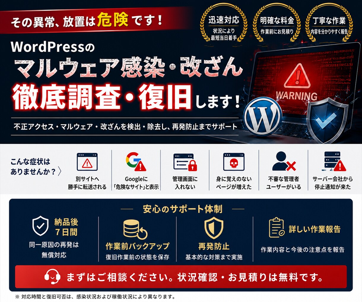 WordPressのマルウェア・改ざんを復旧します 不正転送・危険表示・乗っ取りを調査し再発防止まで対応 イメージ2