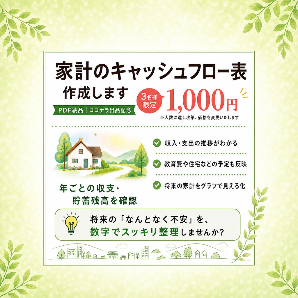 3名様限定価格！家計のキャッシュフロー作成します 20年分PDF納品！CFP認定者・FP1級の独立系FPが対応 イメージ1