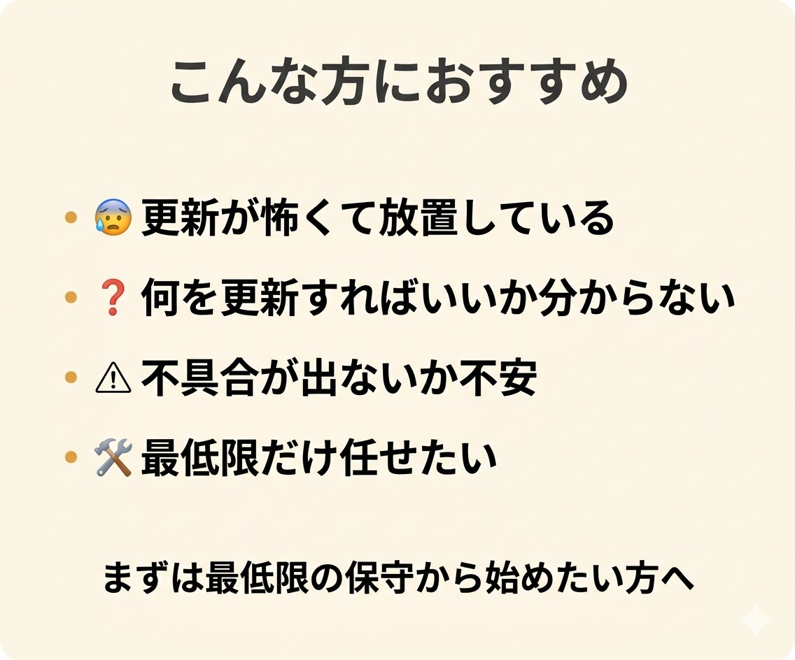 WordPressの保守・更新をシンプル対応します 毎月のWP保守・更新代行。気軽に任せるライトプランで安心運用 イメージ3