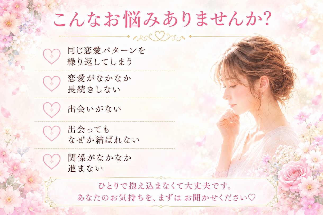 恋愛・パートナーのお悩み、じっくりお聞きします 恋愛がうまくいかない理由を一緒に紐解きます♡ イメージ2