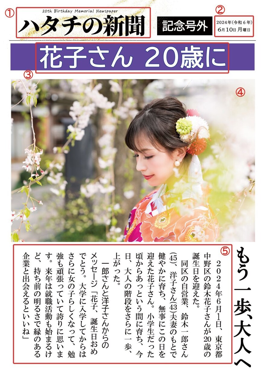 ハタチや成人を記念して祝う新聞紙面を作成します 簡単な取材シートに記入するだけで全国紙現役新聞記者が記事化！ イメージ1