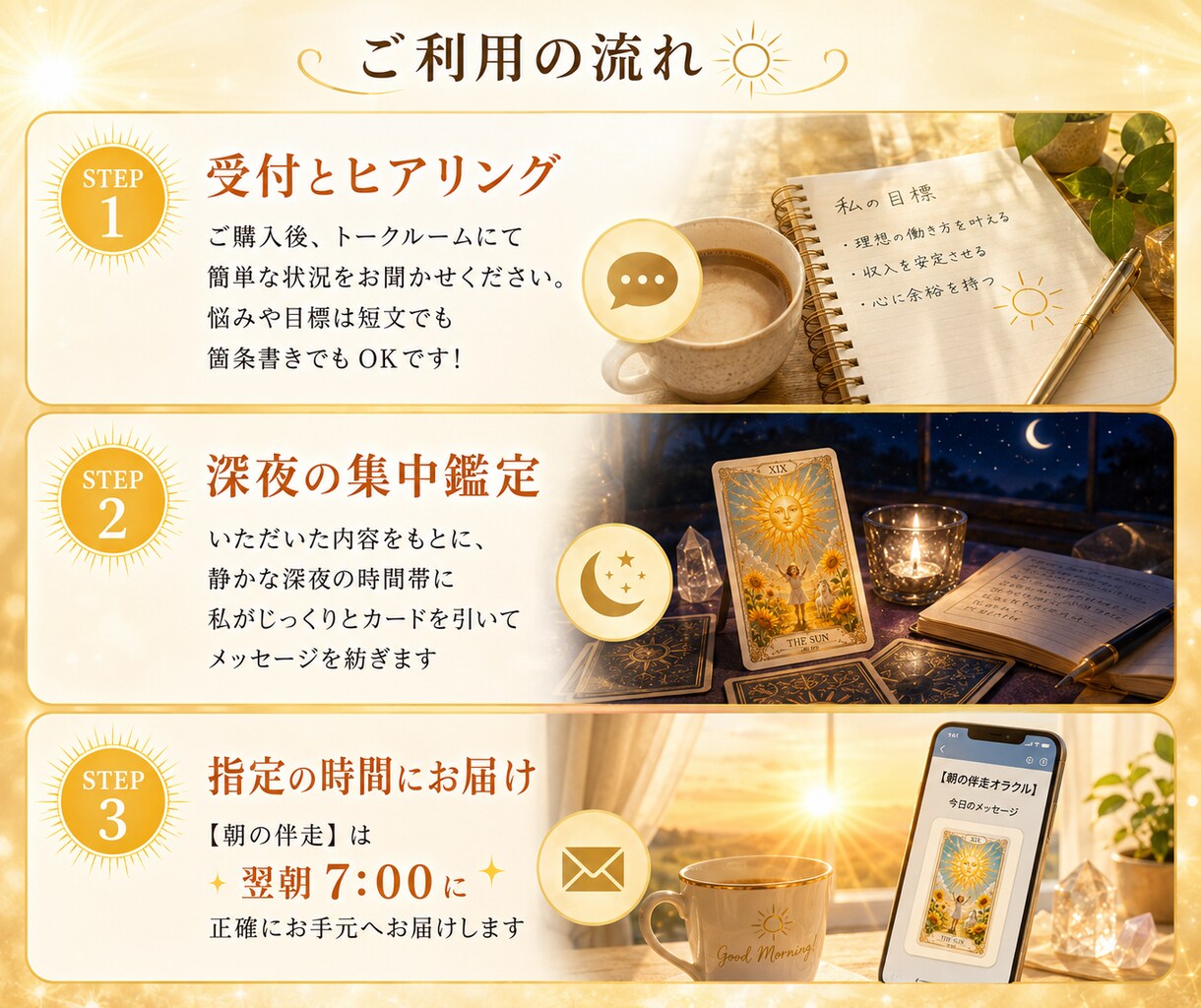 朝７時オラクル✨今日の運勢と行動指針をお伝えします 目標達成や習慣化を叶えたいあなたのための毎朝の伴走鑑定です✨ イメージ2