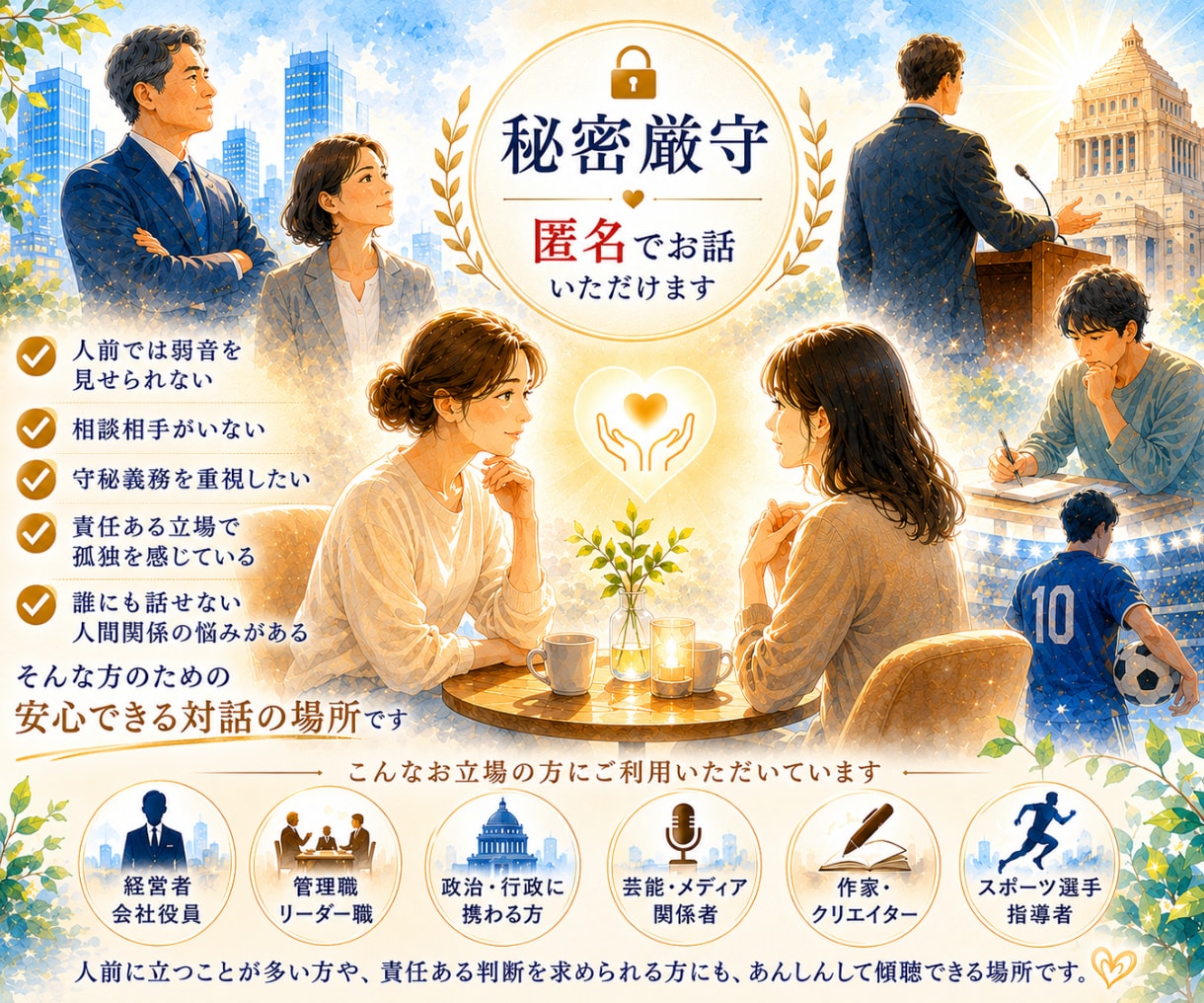経営者・管理職・責任ある立場の方。秘密は厳守します 弱音を見せられない、相談できる人がいない。話せる場所あります イメージ2