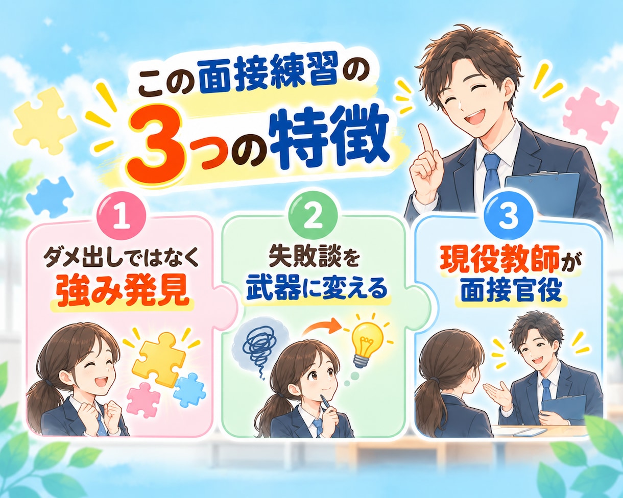 強み発見レポート付きで教採の面接練習をします 教員採用試験の不安が自信に変わる60分。現役教師×ほめ達検定 イメージ4