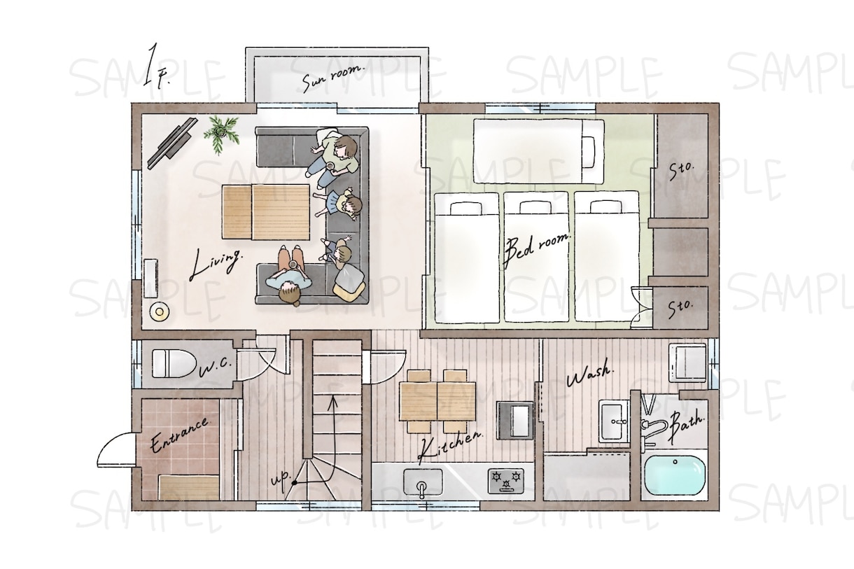 手描き風の人物入り間取り図を制作します ▼ 1〜2LDKまで／家具付き／Airbnb実績多数 イメージ2