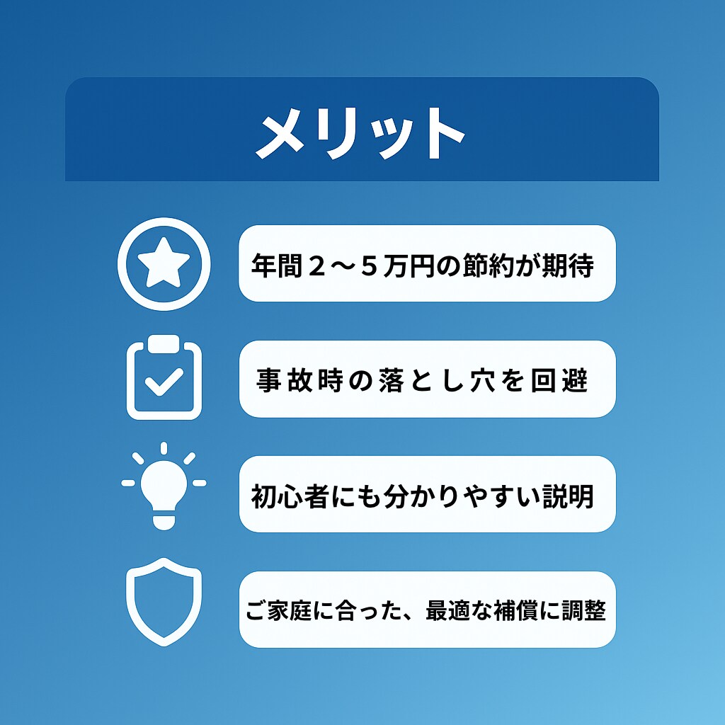自動車保険をプロが第三者目線で整理します 保険料を“ムダなく最適化”保険のプロが安全・最安へ導きます イメージ3