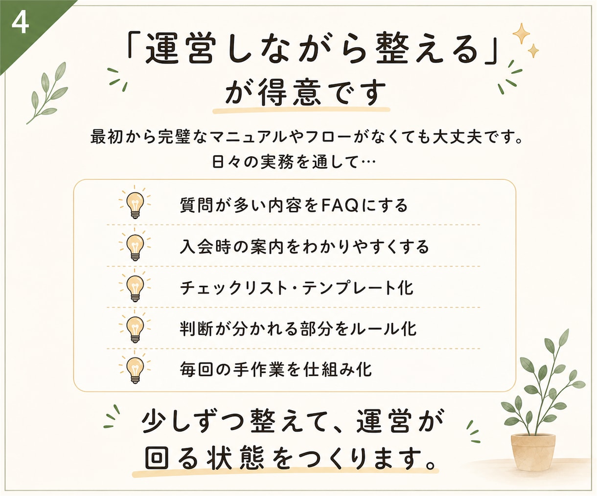 事務局・スクール運営を実務から仕組み化まで支えます 問い合わせ対応・進行管理・マニュアル整備まで、運営をサポート イメージ4