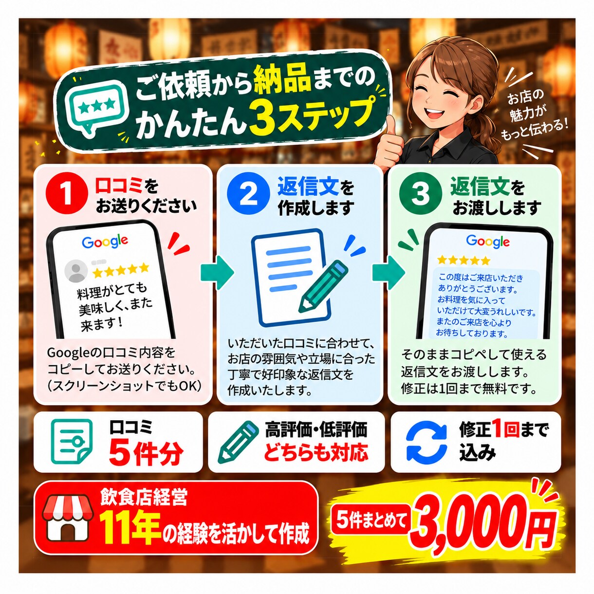 飲食店のGoogle口コミ返信文を作成します 飲食店経営11年の経験を活かして丁寧に返信 イメージ2
