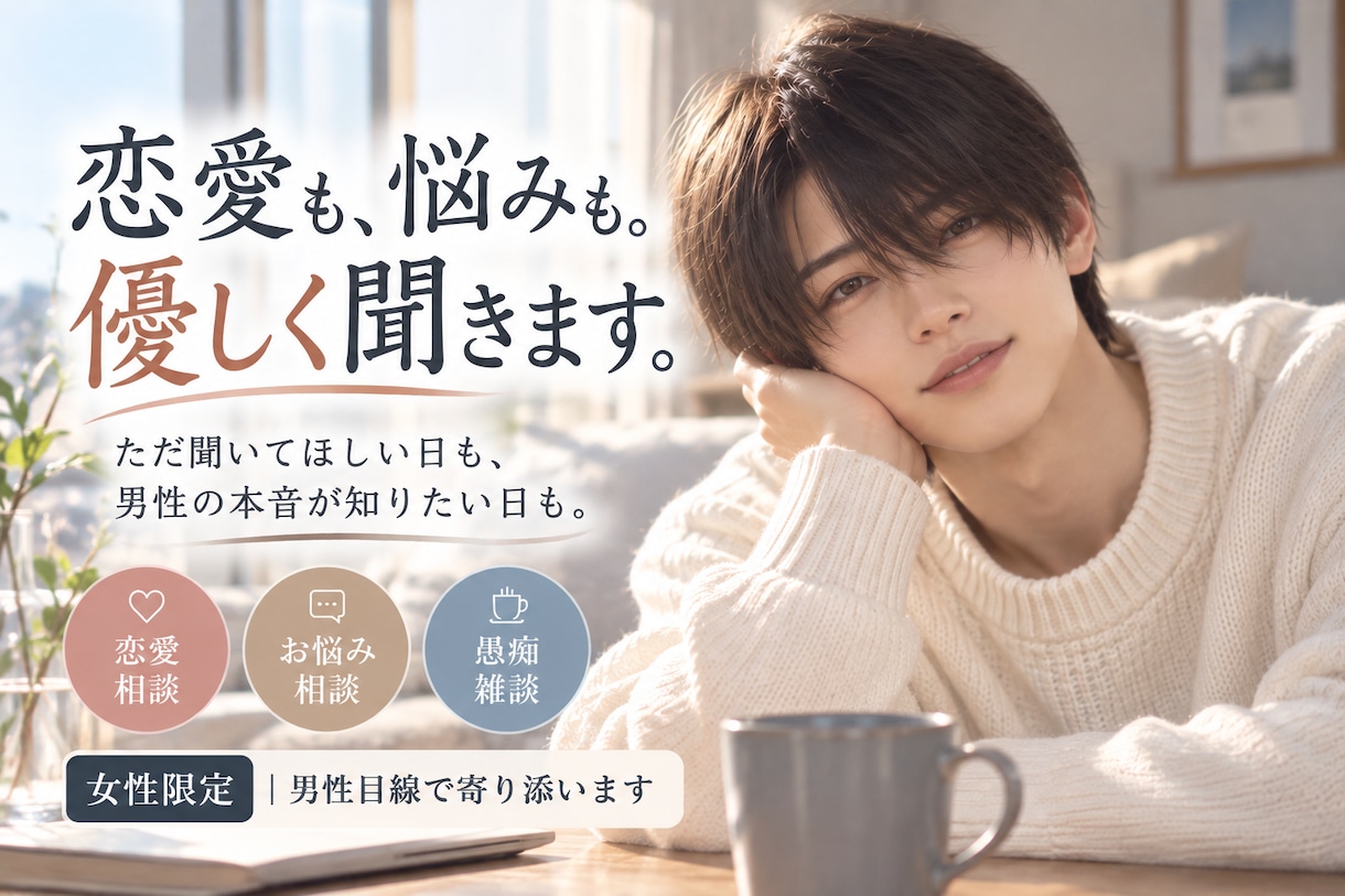 誰にも言えない恋愛や悩みを優しく受け止めます ただ聞いてほしい日も、男性の本音が知りたい日も。 イメージ1