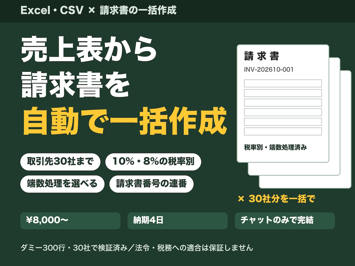 売上表から取引先別の請求書を自動作成します 30社まで一括作成｜端数処理を選べます｜納期4日 イメージ1