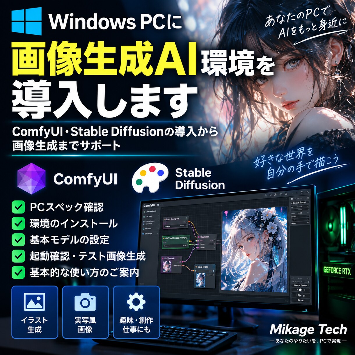 Windows PCに画像生成AI環境を導入します ComfyUI等を導入し画像生成までサポート イメージ1