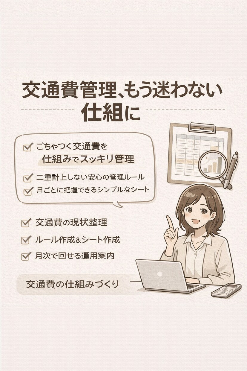 交通費管理の仕組みづくりサポートします 交通費のモヤモヤを、迷わず回る仕組みに整えます イメージ1