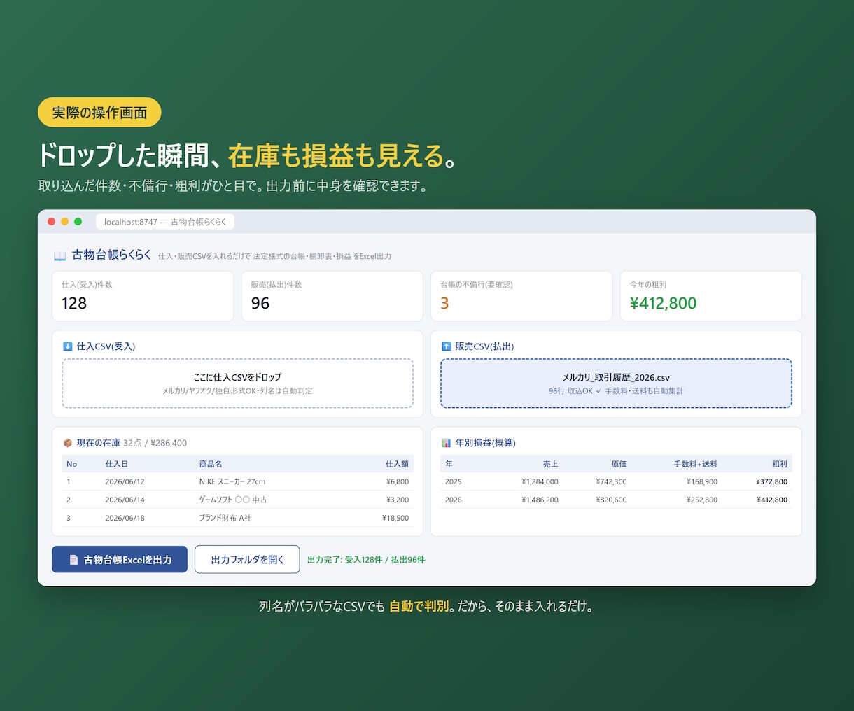 古物商の帳簿づけを自動化するツールをお渡します CSVを入れるだけ。法定様式の古物台帳が3分で完成 イメージ3