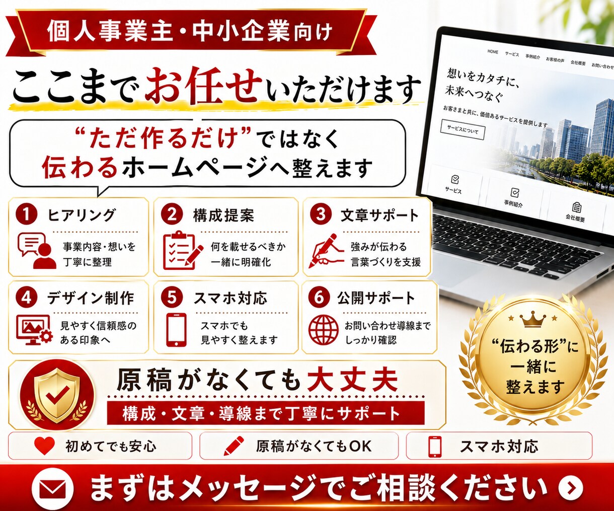 選ばれる理由が伝わるホームページを制作します 原稿がなくても大丈夫。構成・文章・導線まで丁寧に整えます イメージ4