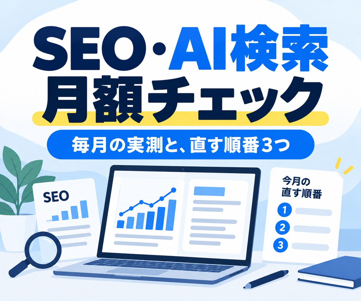 SEO・AI検索を毎月チェックします 毎月の実測と、直す順番3つ。質問もどうぞ イメージ1