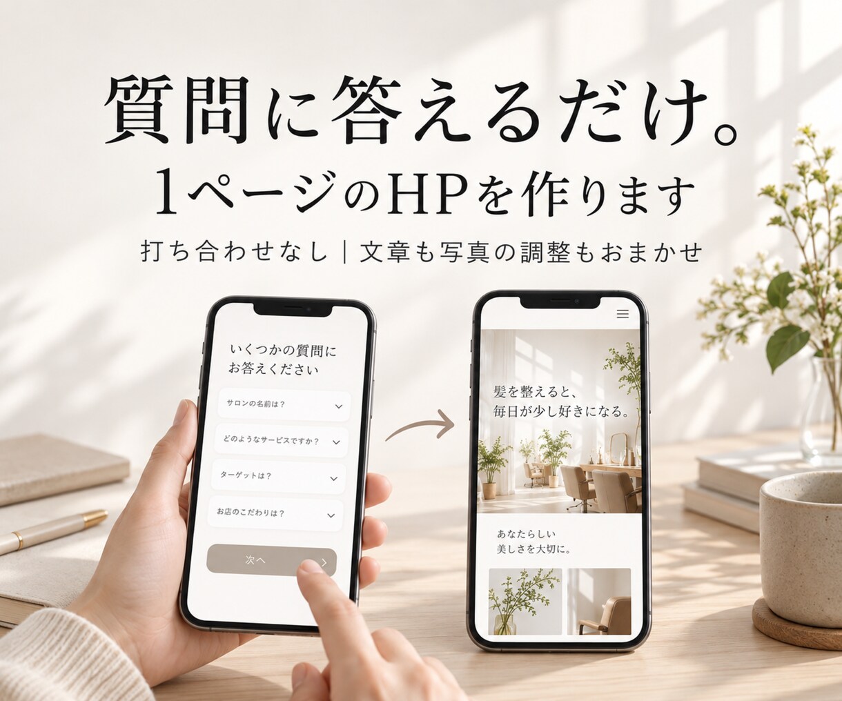質問に答えるだけで、1ページのHPを作ります スマホで答える質問だけ｜写真が映える、お店らしい1ページ イメージ1