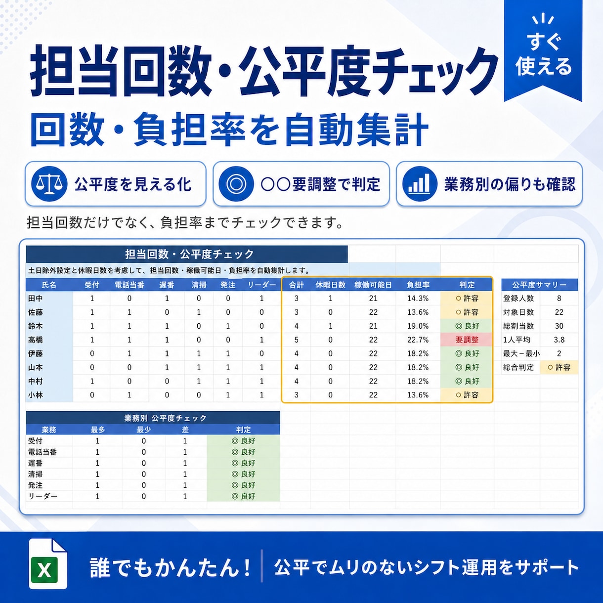 月間シフト・当番表｜休暇入力 Excel作ります シフト・当番表Excelを職場に合わせてカスタマイズします イメージ2