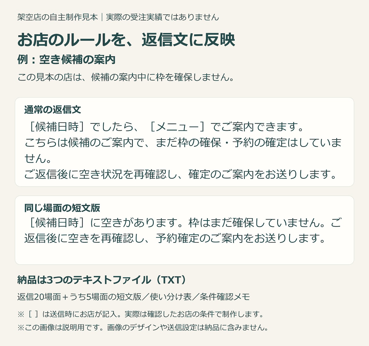 お店の予約返信文を20場面まとめて作ります 短文5本・使い分け表付き｜店の条件に合わせて作成 イメージ2