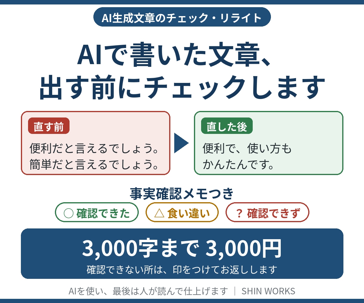 AIで書いた文章を、事実確認して自然に直します 数字や名前を公開情報で確かめ、言い回しを整えます イメージ1