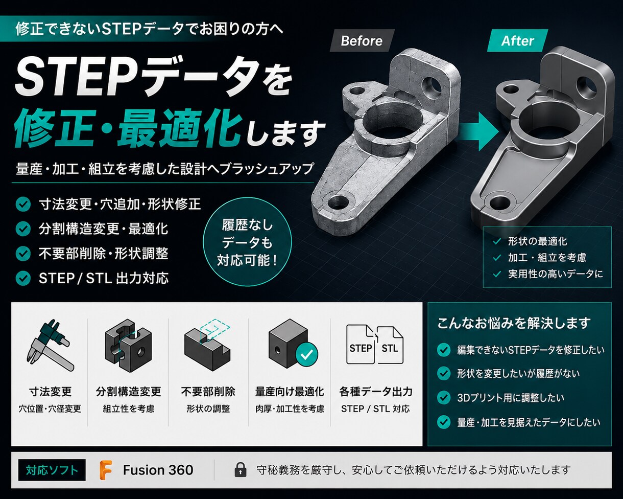 STEPデータを修正・最適化します 既存STEPデータを、実用性の高い設計へ最適化します イメージ1