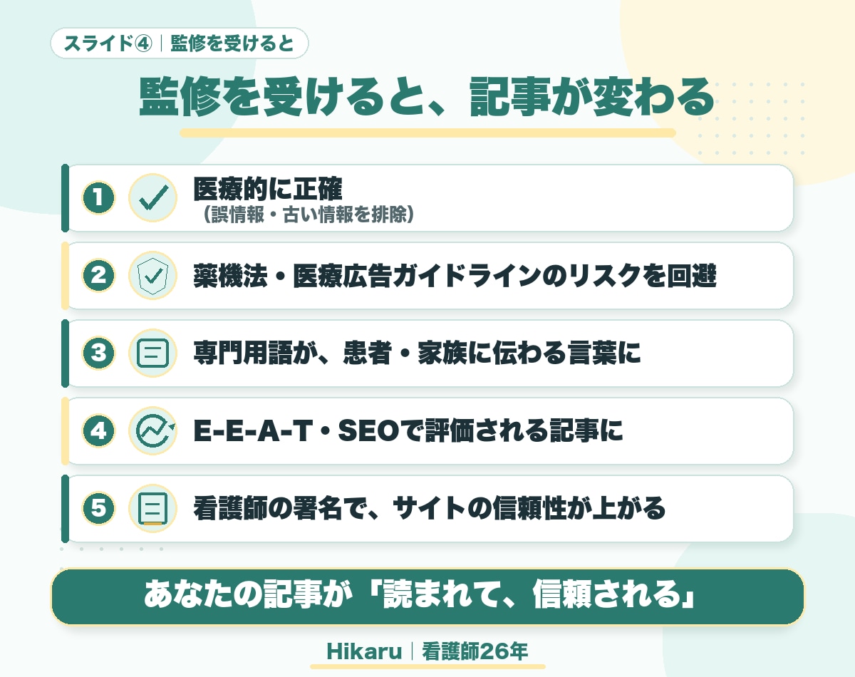 医療健康記事を看護師目線で読みやすく整えます 読者に伝わる表現へ一緒に整理します イメージ4