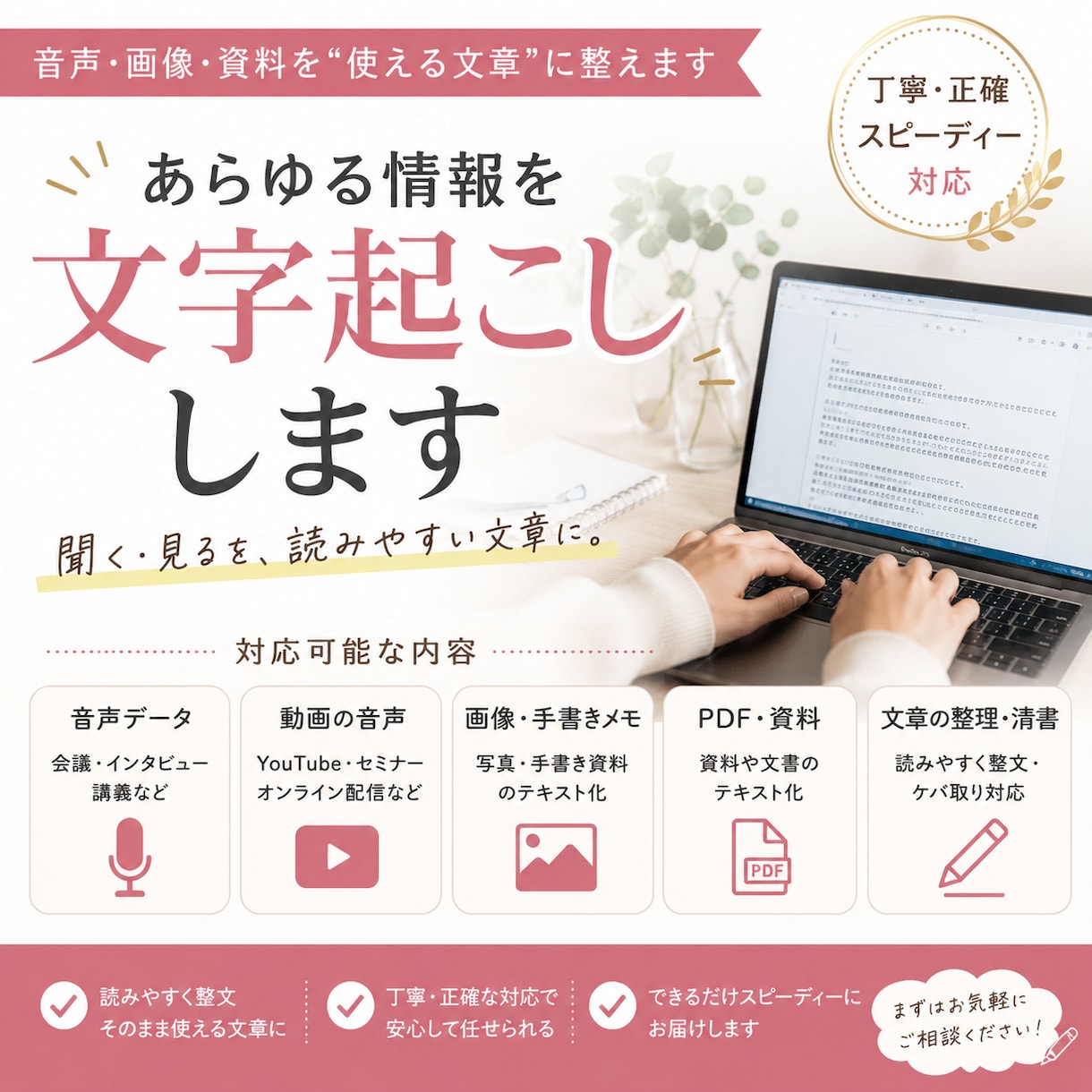 音声・画像・資料を“使える文章”に整えます 文字にする作業まるっとお任せください☕️ イメージ1