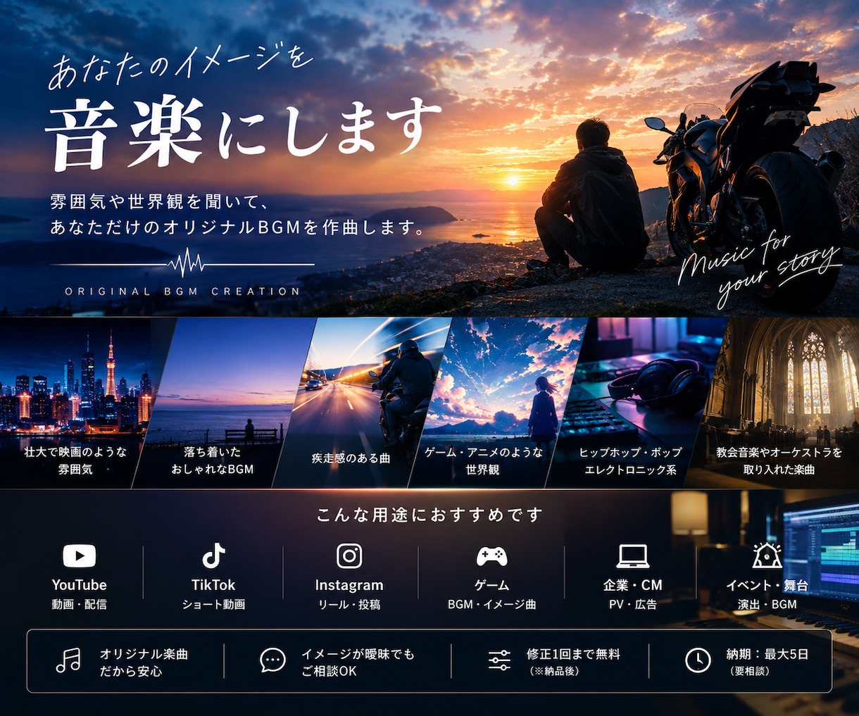 イメージに合わせてBGMを作曲します 雰囲気や世界観を聞いてオリジナル曲にします イメージ1
