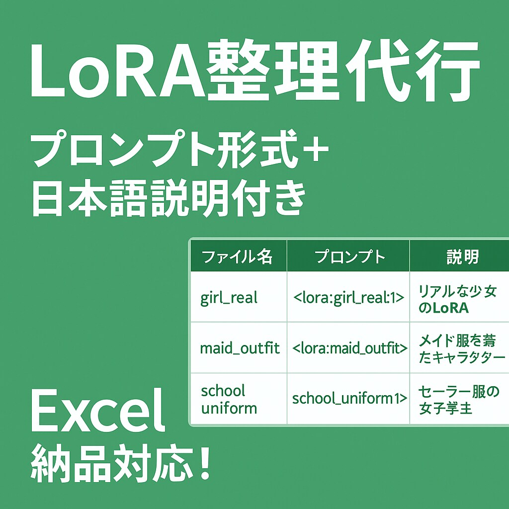 LoRA整理代行 プロンプトと説明文整備ます LoRA名・使い方・中身を整備し一覧化 イメージ1