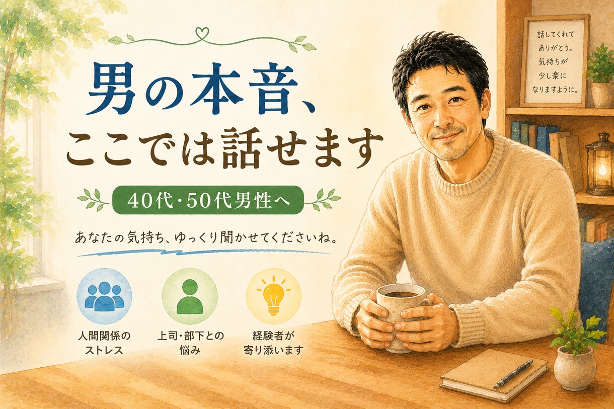 同世代男性の悩みに寄り添います 会社でも家庭でも言えない本音、ここで話してください イメージ1