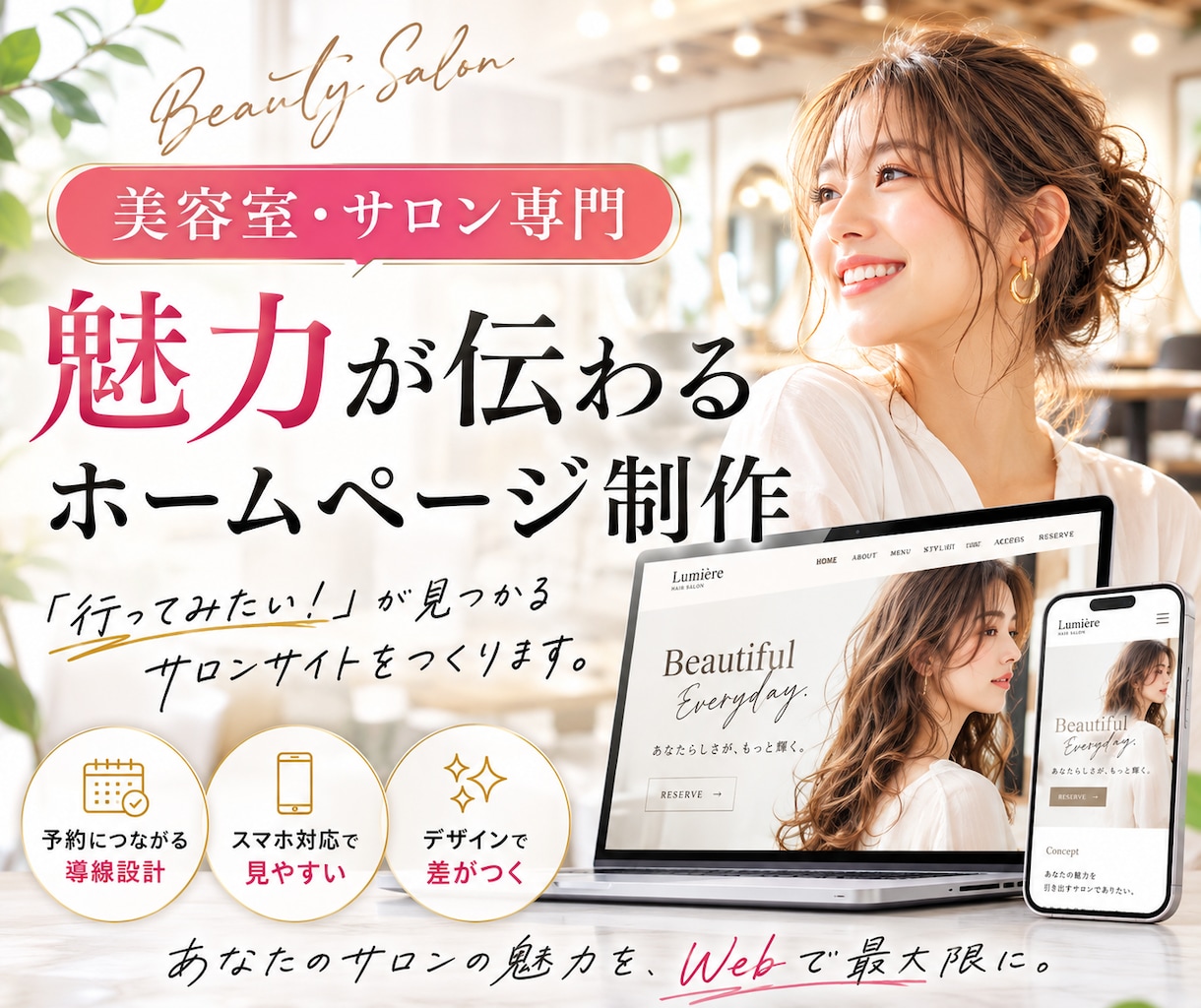 美容室・サロンのホームページ作成します ワードプレスで簡単管理｜LINEやインスタと連携した動線設計 イメージ1